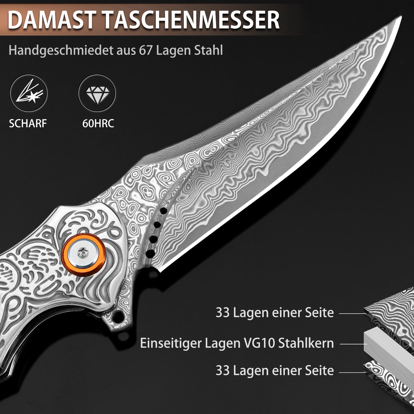 LOTHAR TUNA Damascus Folding Knife, Damascus Pocket Knife Made of 67 Layers of VG10 Damascus Steel, One-Handed Knife with Sharp Blade and Rosewood Handle, Belt Clip, for Collection or Gift