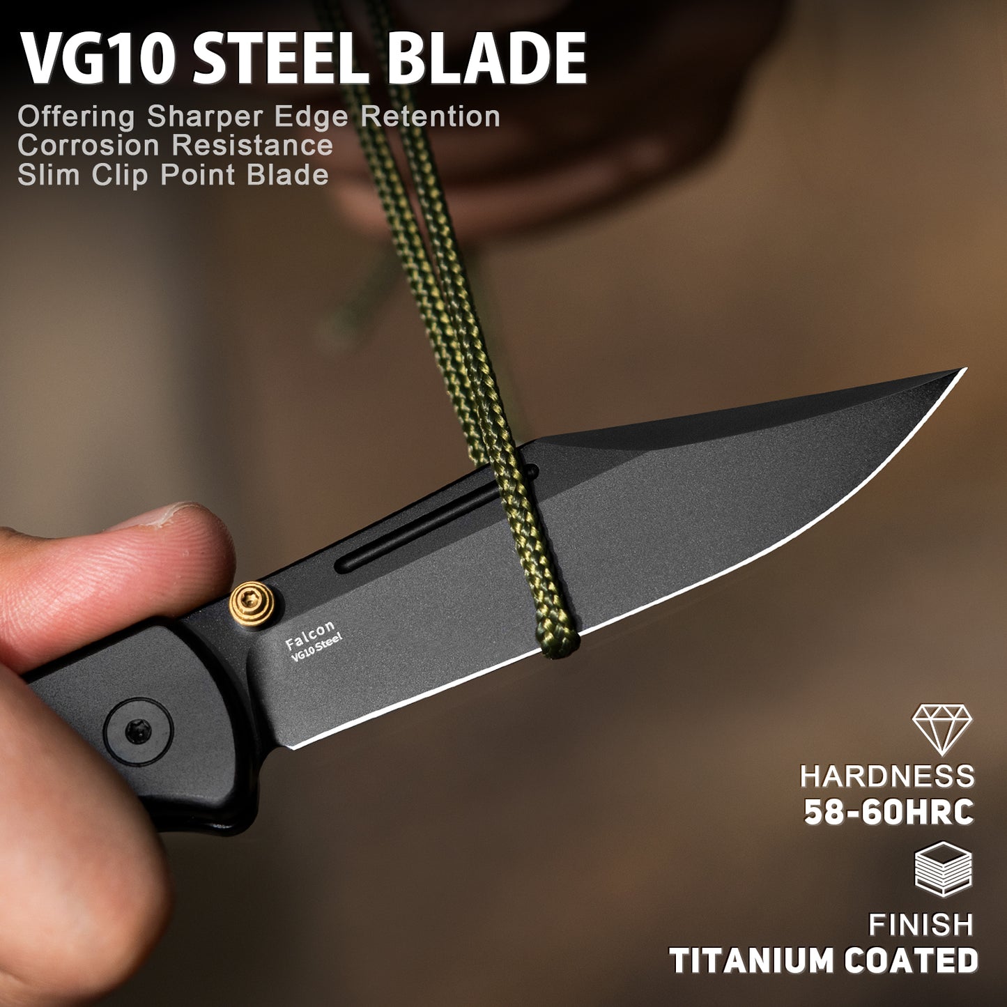 LOTHAR Falcon 3,43" Lame en acier VG10, couteau de poche pliant EDC avec fermeture à bouton et clip