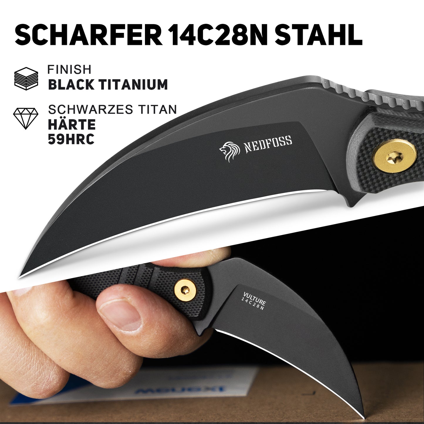 NedFoss Couteau de cou VULTURE, 6 cm Acier 14C28N FULL TANG Couteau d'extérieur Survie avec manche G10 et étui Kydex, mini couteau fixe dans une boîte cadeau pour collection, camping