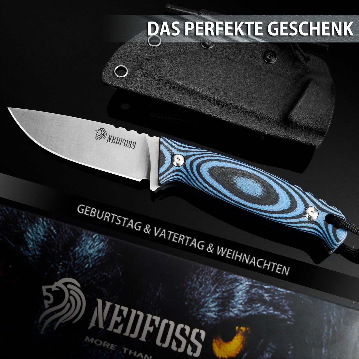 Couteau d'extérieur NedFoss HYENAS, couteau de survie pleine soie de 9 cm avec étui Kydex, couteau de bushcraft tranchant avec manche G10 antidérapant, couteau de chasse, couteau de randonnée