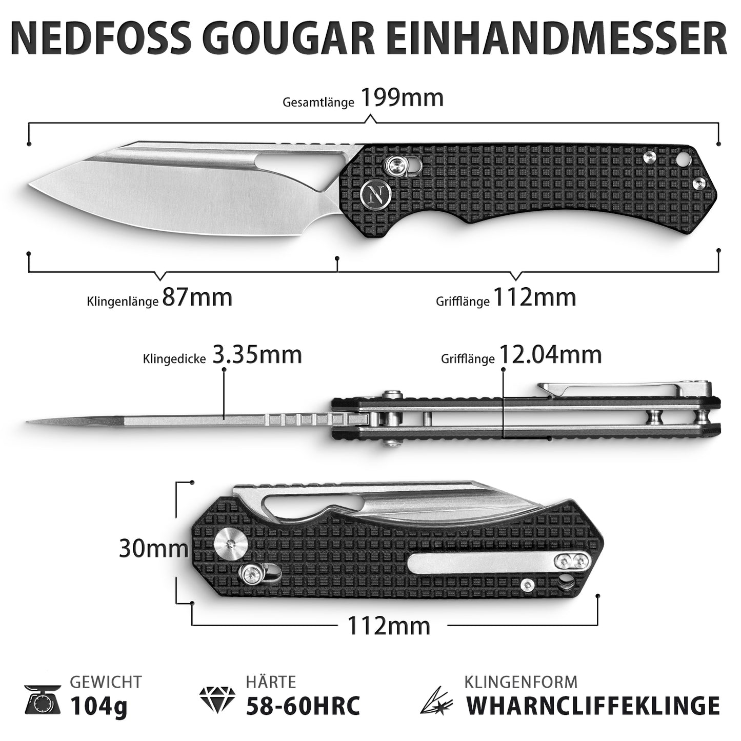 NedFoss COUGAR Couteau Pliant, Couteau de Poche 8,7cm Acier 14C28N avec Verrouillage Crossbar-Lock, Couteau à Ouverture à Une Main avec Manche G10, Couteau d'Extérieur avec Clip de Ceinture, Couteau de Survie pour Quotidien, Collection & Cadeau
