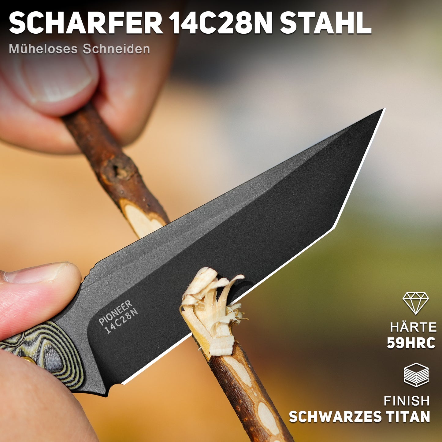 NedFoss PIONEER Hunting Knife, 8.5cm 14C28N Steel Full Tang Legal Outdoor Knife with G10 Handle & Adjustable Clip, Small Survival Knife with Kydex Sheath, Bushcraft Knife 42a Compliant, EDC Knife
