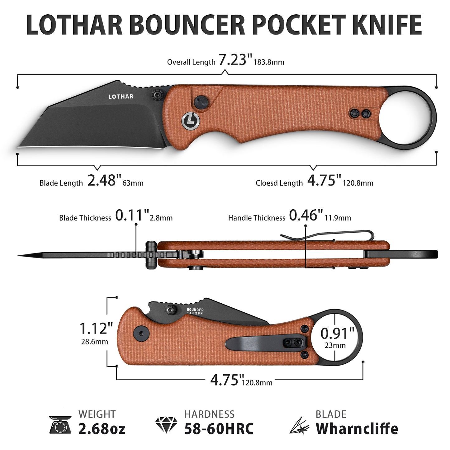 LOTHAR BOUNCER 2.48" 14C28N Steel Tactical Folding Knife with Micarta Handle, Reversible Pocket Clip