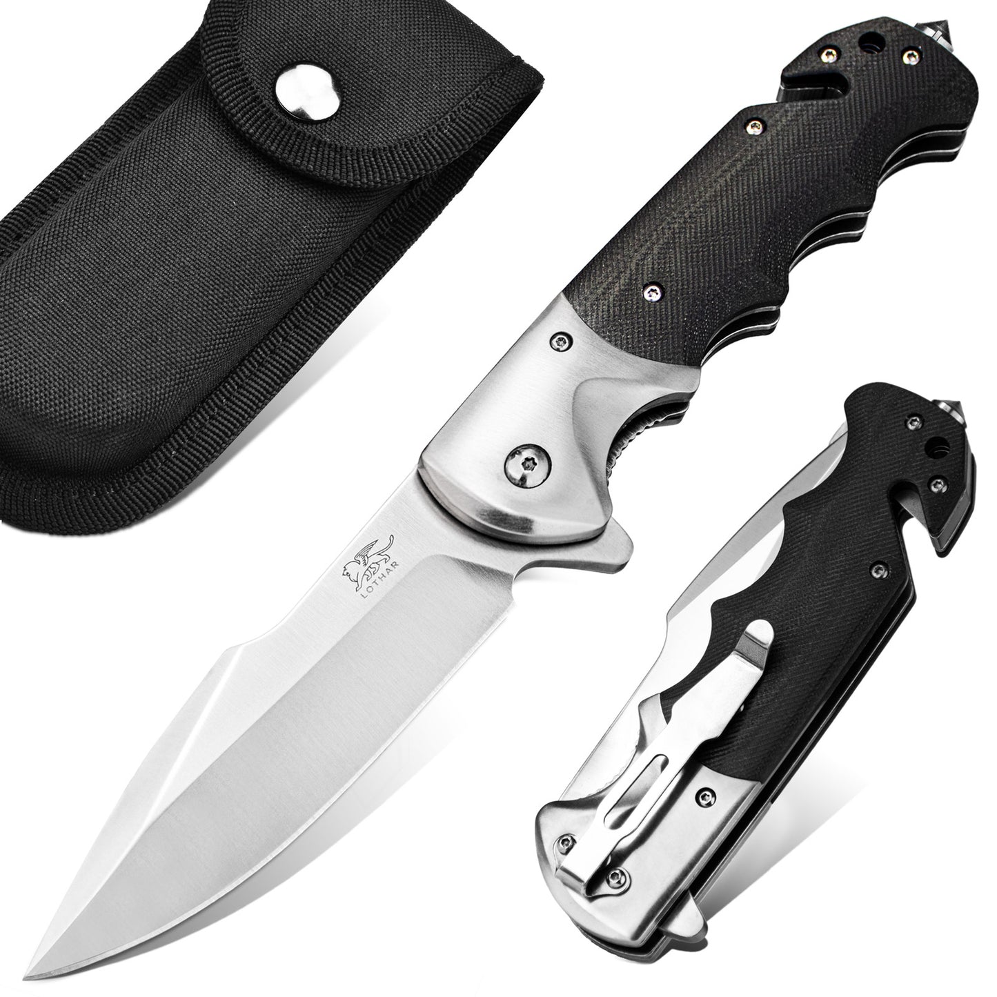 LOTHAR SMAUG Rescue Knife, 9.4CM Folding Knife Made of D2 Steel with Glass Breaker & Seatbelt Cutter, G10 Handle One-Handed Knife with Clip, Robust Outdoor Knife, Rescue Knife for Camping, Hunting, Emergencies