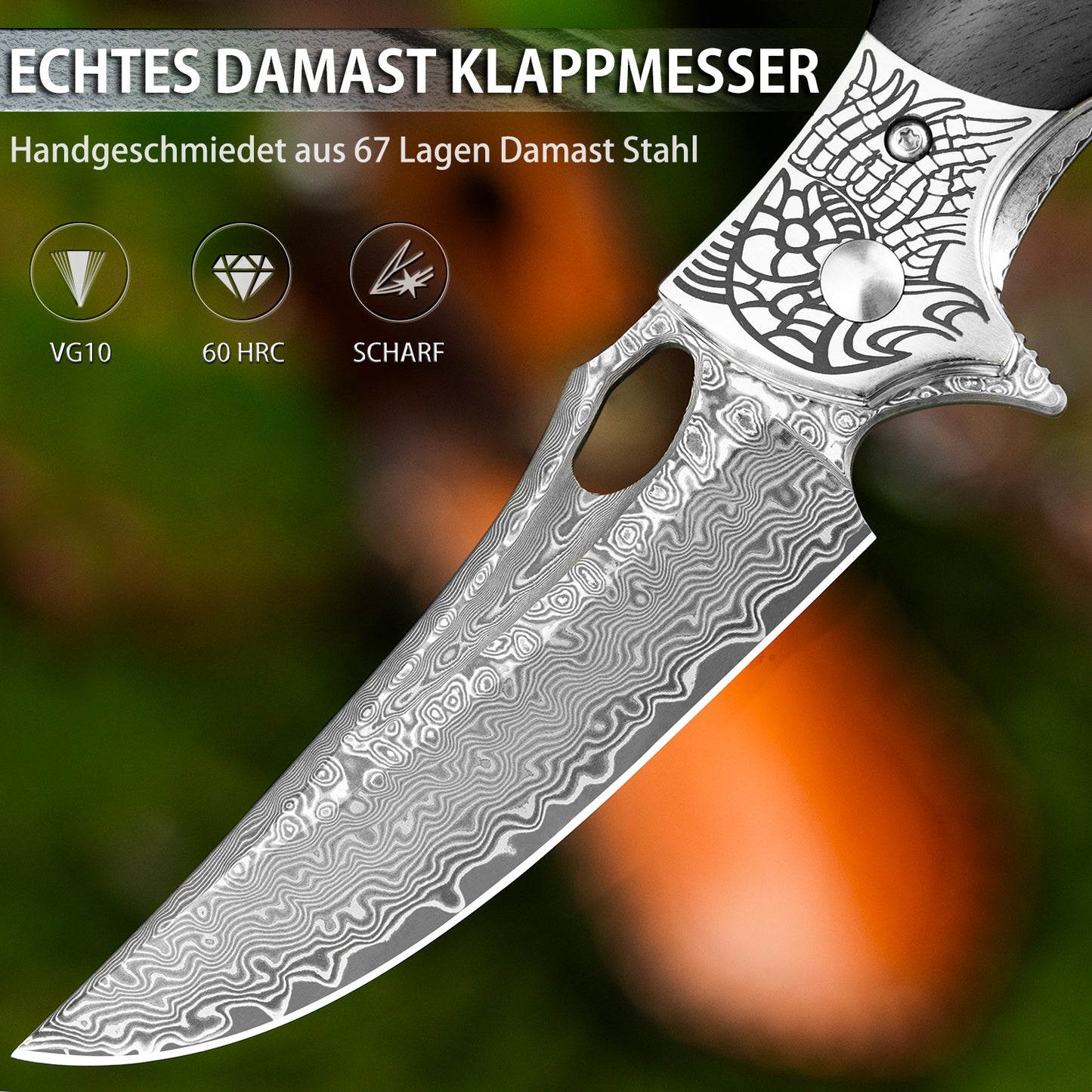 Couteau de poche LOTHAR KRAKEN, couteau pliant Damas en 67 couches d'acier Damas VG10, couteau de poche Damas avec lame tranchante et manche en ébène, couteau Damas pour collection ou cadeau (ébène)