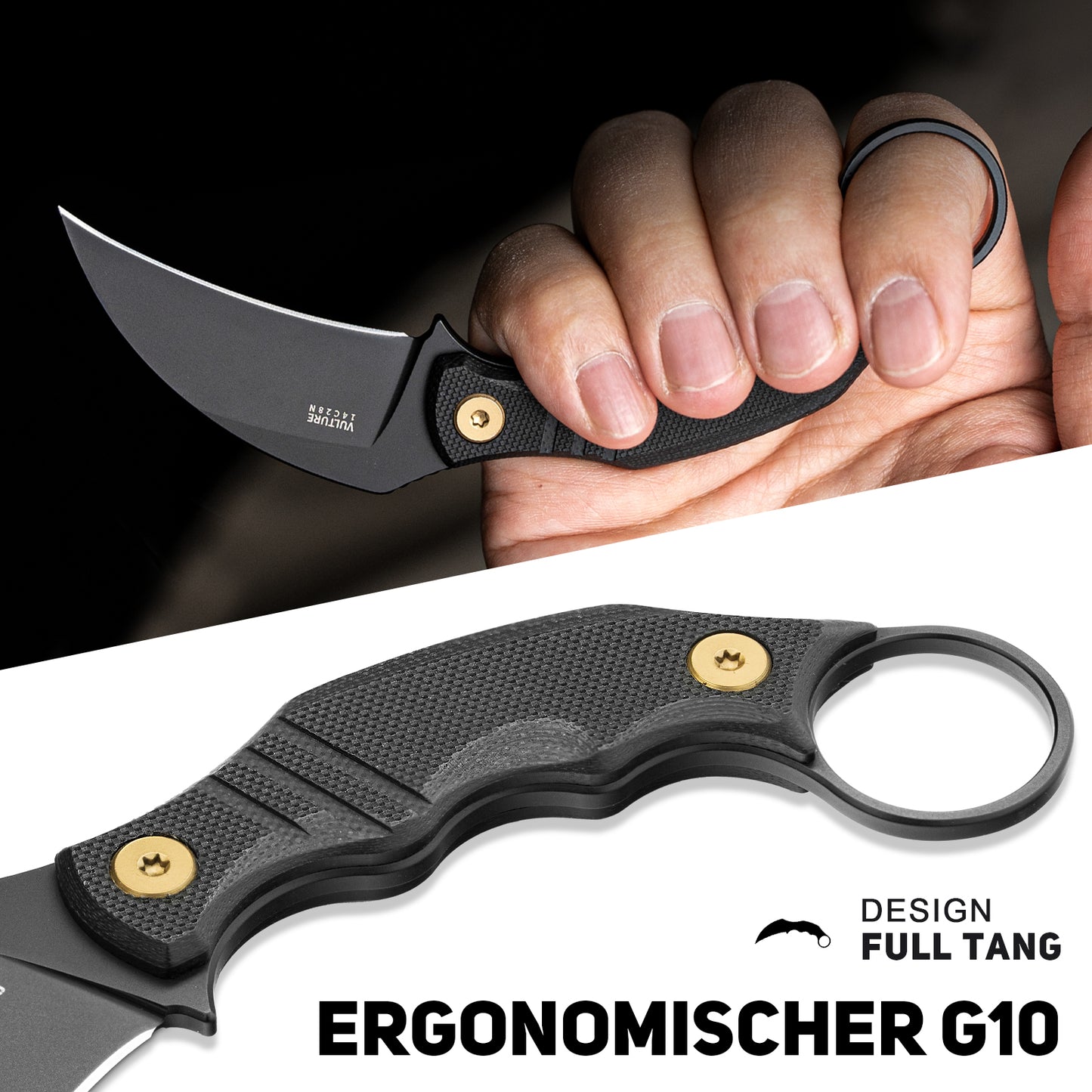NedFoss Couteau de cou VULTURE, 6 cm Acier 14C28N FULL TANG Couteau d'extérieur Survie avec manche G10 et étui Kydex, mini couteau fixe dans une boîte cadeau pour collection, camping