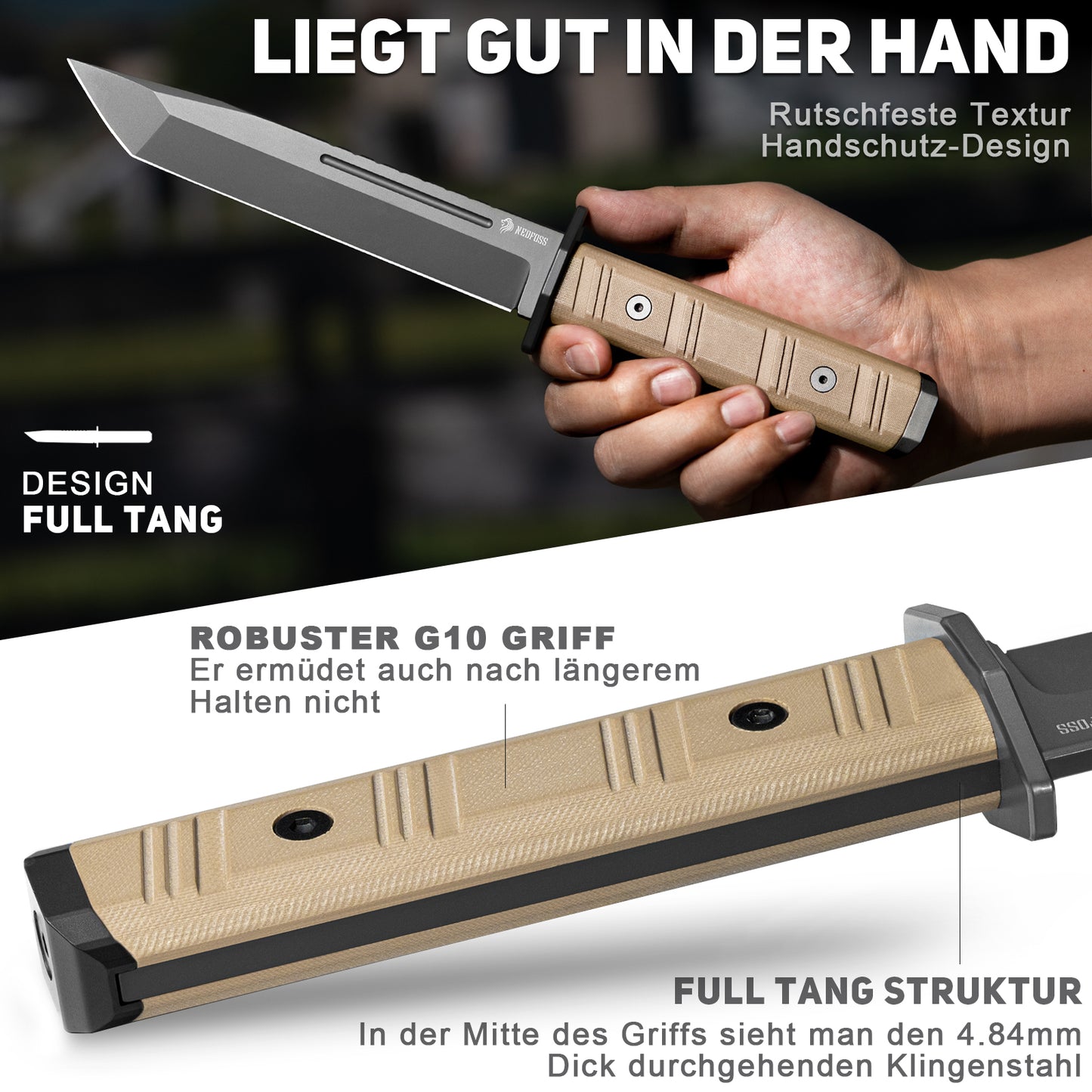 NedFoss BRAVE Bowie Knife, 17.2CM D2 Steel FULL TANG Outdoor Knife with G10 Handle & Kydex Sheath, Survival Knife with Titanium, Large Hunting Knife, Bushcraft Knife for Camping, Gift, Collection
