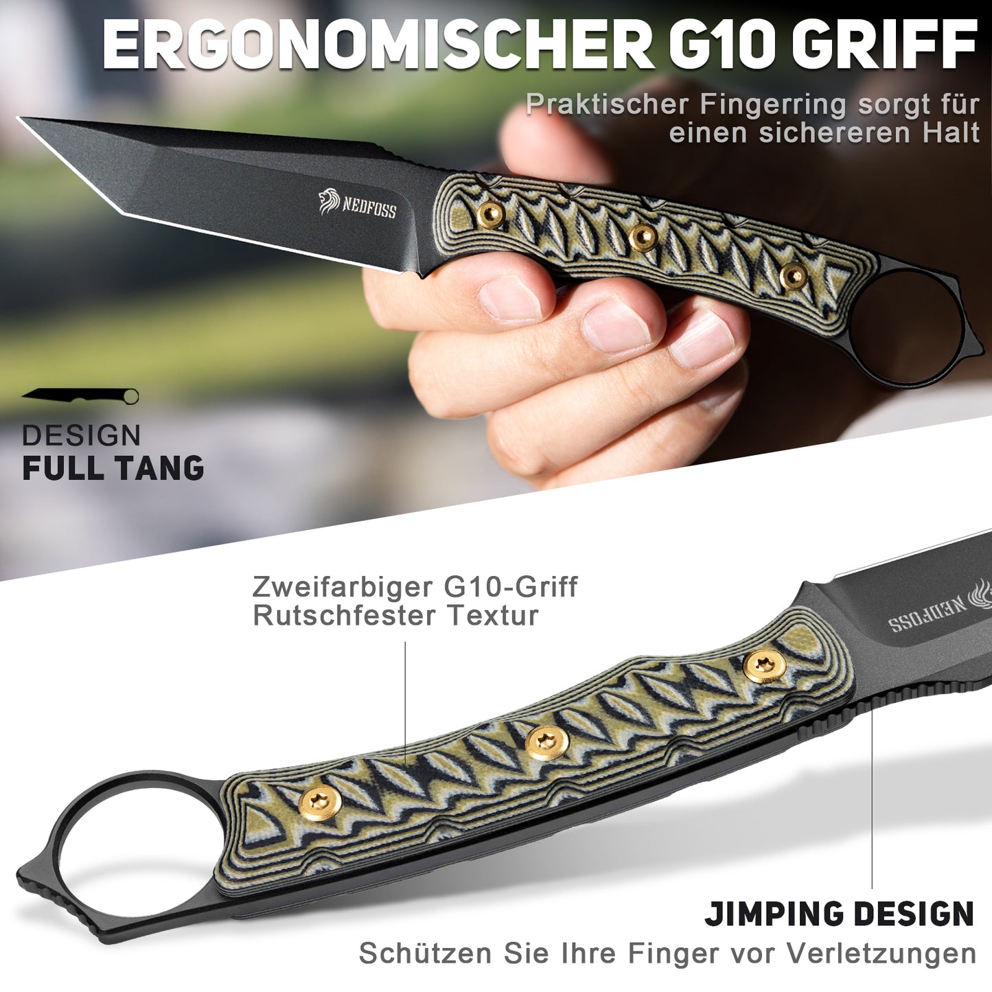 NedFoss PIONEER Hunting Knife, 8.5cm 14C28N Steel Full Tang Legal Outdoor Knife with G10 Handle & Adjustable Clip, Small Survival Knife with Kydex Sheath, Bushcraft Knife 42a Compliant, EDC Knife