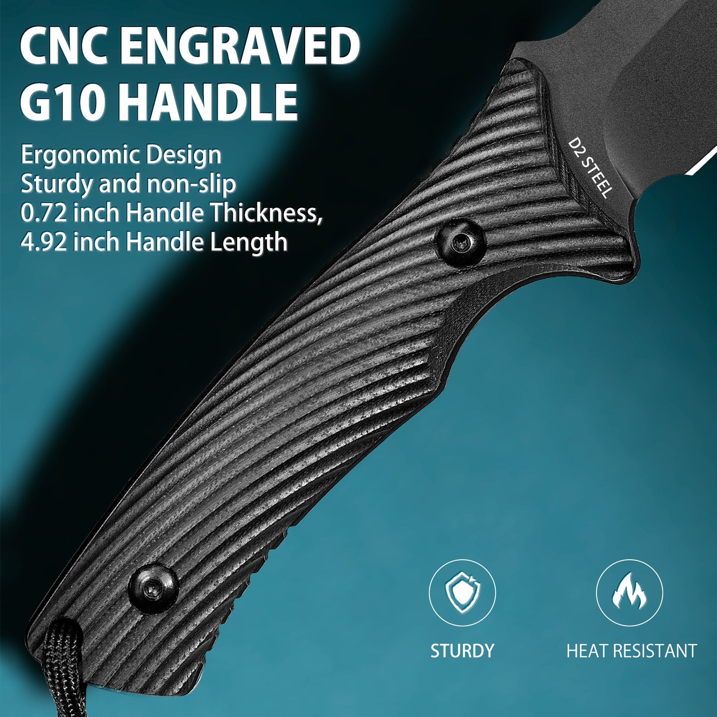 LOTHAR Couteau de survie pour homme, lame D2 pleine soie, lame fixe, couteau de chasse avec étui Kydex et manche G10, couteau de chasse pour le camping et les activités de plein air, cadeau de Noël pour homme, papa, mari