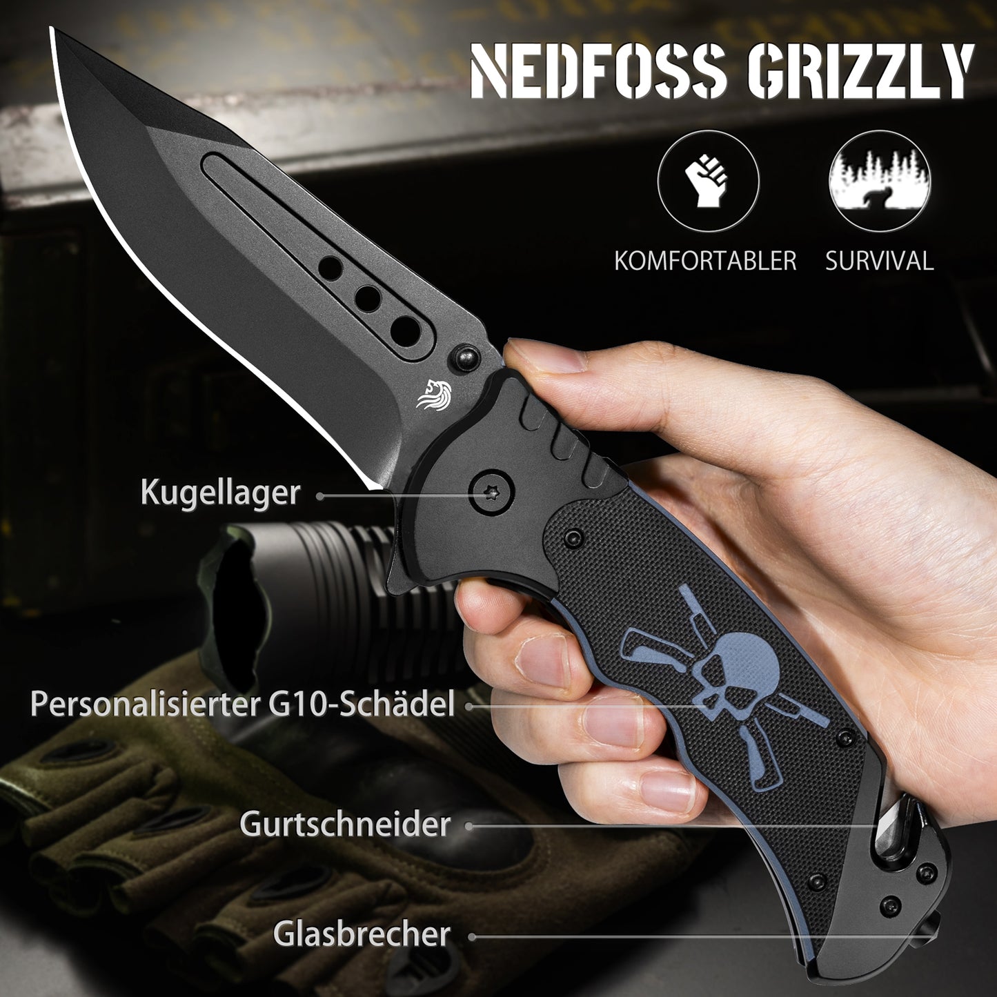 NedFoss GRIZZLY Couteau de poche 3 EN 1, couteau de sauvetage avec coupe-ceinture et brise-vitre, couteau pliant avec clip ceinture, couteau de survie extérieur pour voiture, couteau à une main, couteau de survie, couteau de sauvetage