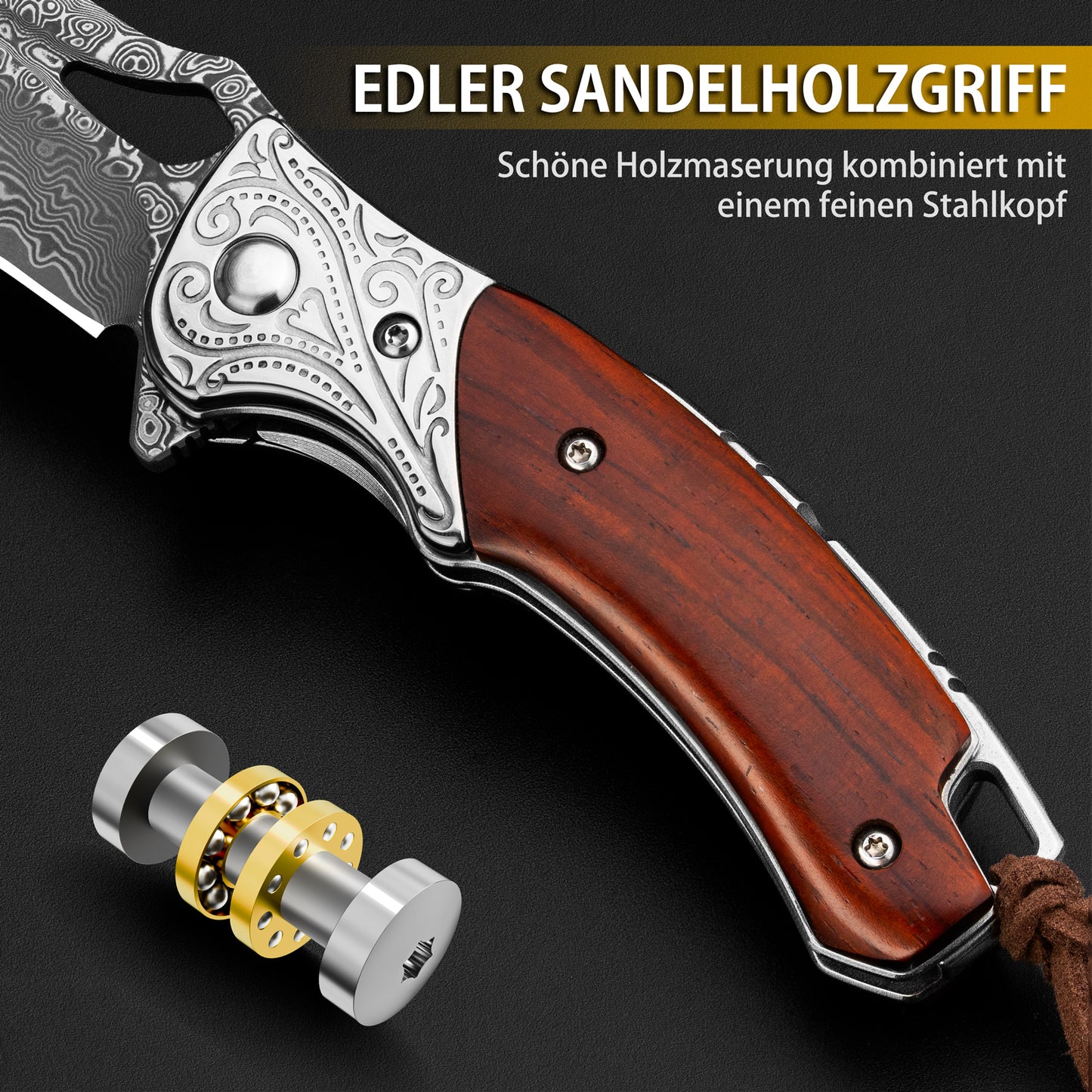 NedFoss HERON Damascus Pocket Knife, Damascus Folding Knife with Yellow Sandalwood Handle with Beautiful Pattern, Mini One-Handed Knife with Sheath, Sharp Outdoor Knives for Hunting, Camping and Collecting