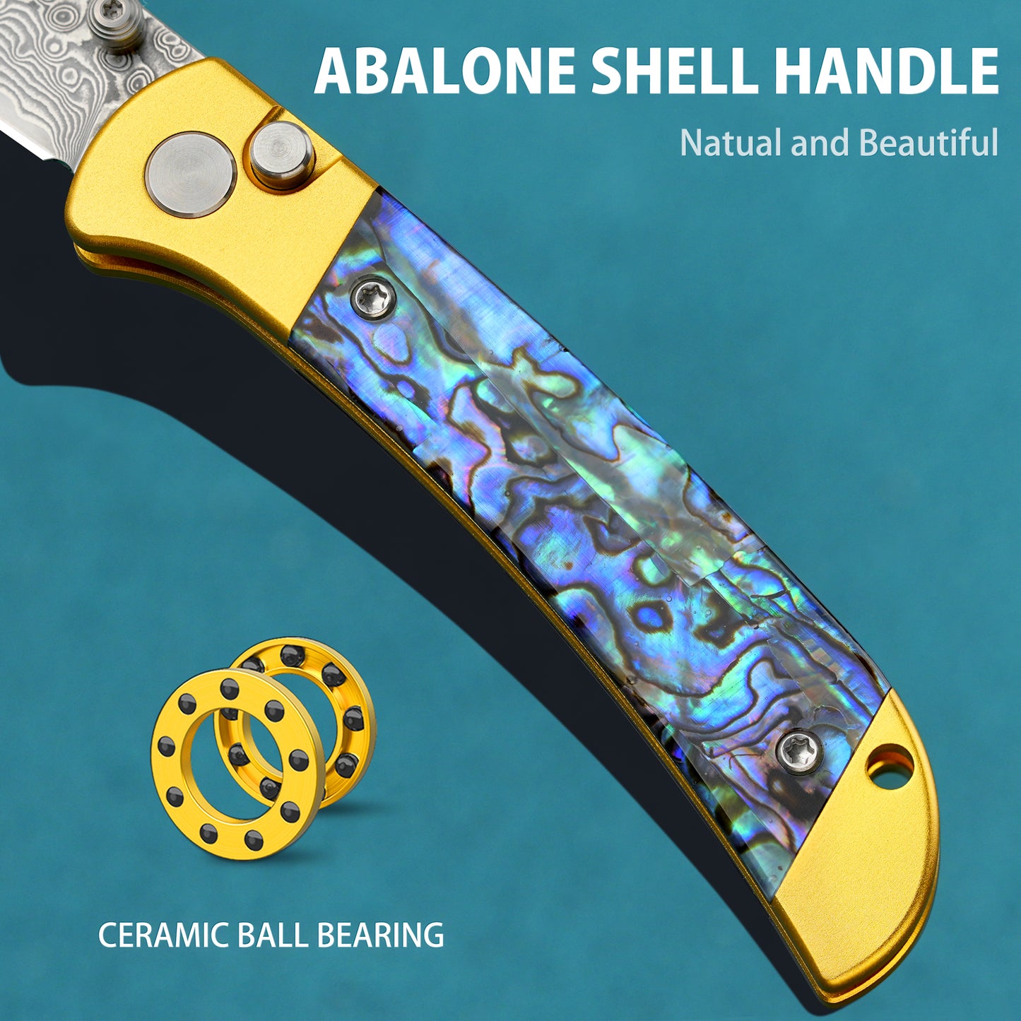 Damascus Handmade Folding Knife with Button Lock, Forged Damascus Steel, Abalone Shell Handle, and VG10 Steel