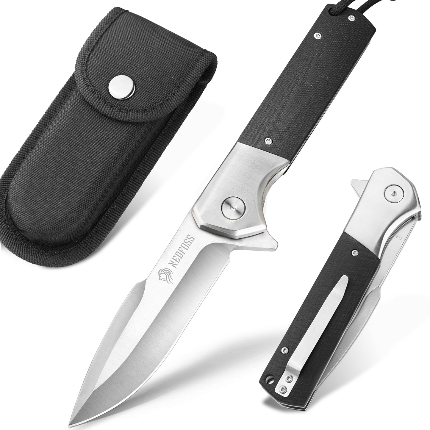 NedFoss BEAST Folding Knife, 10cm D2 Steel Blade Pocket Knife with G10 Handle, One-Handed Knife with Liner Lock & Ball Bearings, Outdoor Knife with Clip, Survival Knife for Collection & Gift