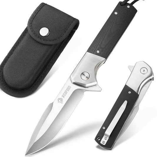 NedFoss BEAST Folding Knife, 10cm D2 Steel Blade Pocket Knife with G10 Handle, One-Handed Knife with Liner Lock & Ball Bearings, Outdoor Knife with Clip, Survival Knife for Collection & Gift