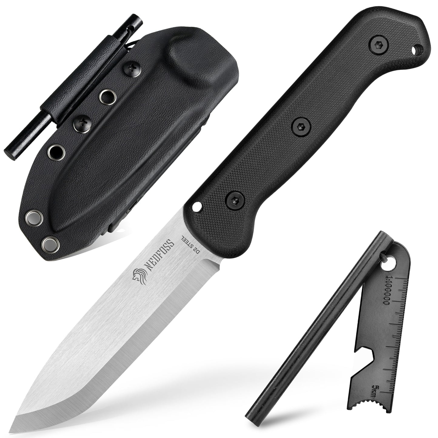 NedFoss BERGLÖWE Outdoor Knife, D2 Steel Survival Puukko with Scandi Grind, 11cm Full Tang Survival Knife with Fire Starter, Sharp Hunting Knife, Perfect Bushcraft Knife, Designed in Germany