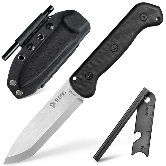 NedFoss BERGLÖWE Outdoor Knife, D2 Steel Survival Puukko with Scandi Grind, 11cm Full Tang Survival Knife with Fire Starter, Sharp Hunting Knife, Perfect Bushcraft Knife, Designed in Germany