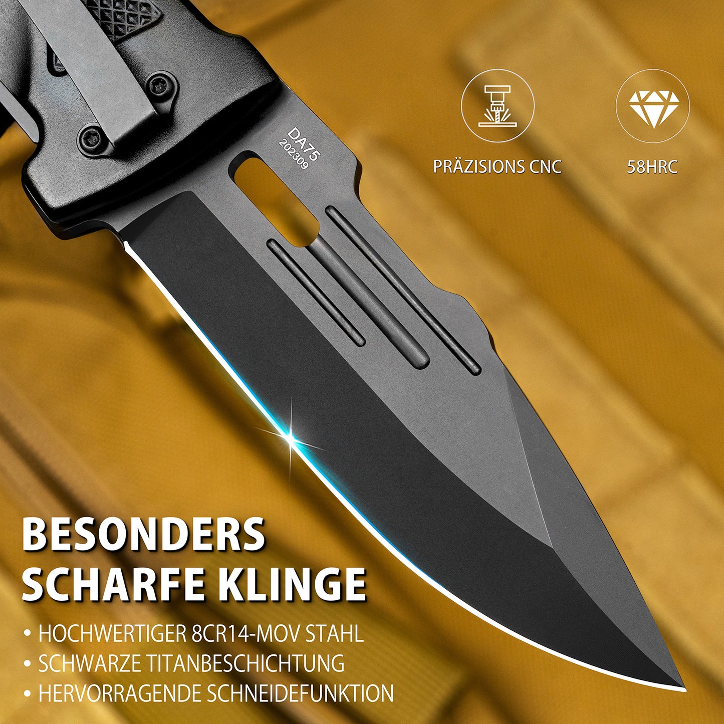 NedFoss DA75 Couteau à deux mains, Couteau de poche 10CM avec coupe-ceinture et brise-verre, Couteau pliant légal avec Liner Lock et roulement à billes, Couteau de survie Outdoor, Couteau de sauvetage avec clip dans une boîte cadeau