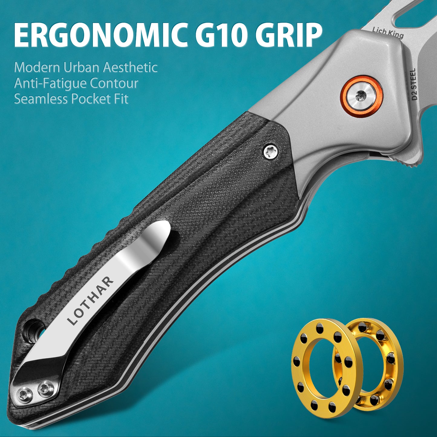 LOTHAR LICH KING Folding Knife, Pocket Knife Made of D2 Steel, One-Handed Knife with G10 Handle, Outdoor Survival Knife for Camping, Hunting & Adventure (D2-Grey)