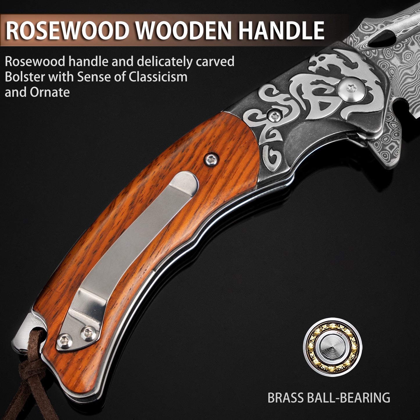 Couteau pliant en acier Damas LOTHAR RHAEGAL, couteau de poche extérieur de haute qualité en acier Damas VG10 à 67 couches, couteau de poche Damas haut de gamme avec manche en bois pour la chasse, idéal comme collection et cadeau (Bois de rose)