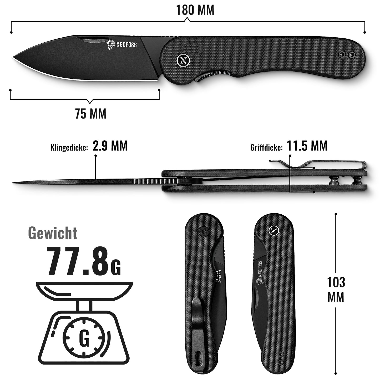 NedFoss BROMBEERE Couteau Pliant, Couteau de Poche en Acier D2 avec Manche G10 et Clip, Couteau Pliant Légal avec Liner Lock et Roulement à Billes, Couteau EDC pour Usage Quotidien, Collection et Cadeau