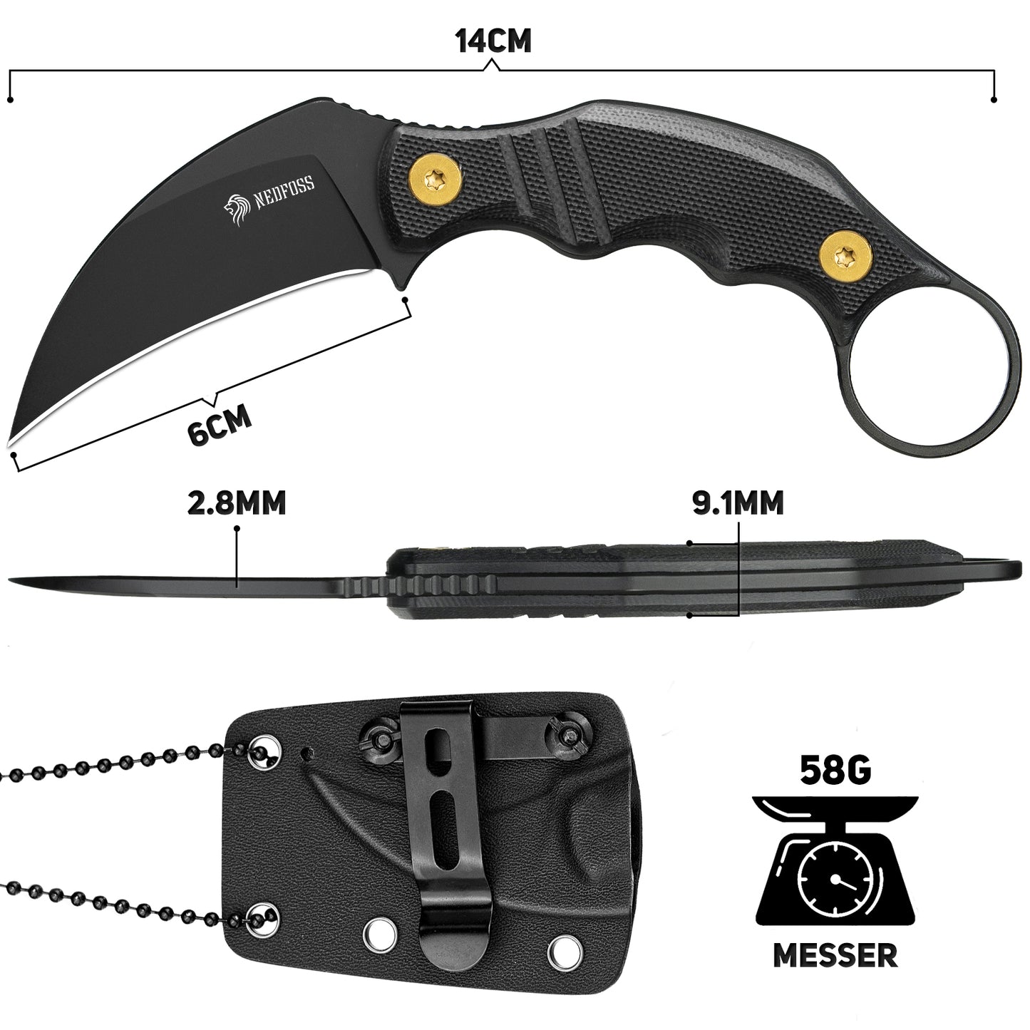NedFoss Couteau de cou VULTURE, 6 cm Acier 14C28N FULL TANG Couteau d'extérieur Survie avec manche G10 et étui Kydex, mini couteau fixe dans une boîte cadeau pour collection, camping