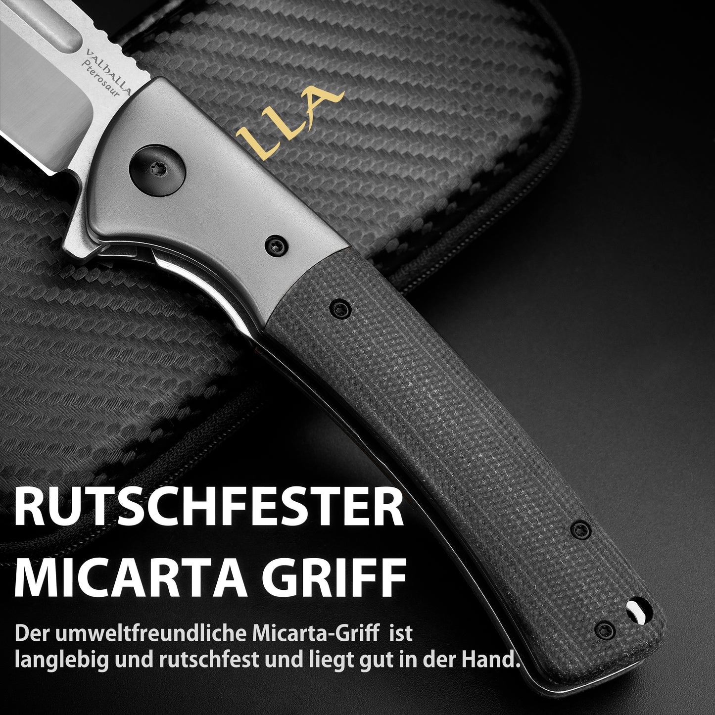 LOTHAR PTEROSAUR Couteau pliant, couteau à ouverture à une main en acier D2 avec manche Micarta, couteau de poche avec clip de ceinture, couteau d'extérieur, convient pour la collection