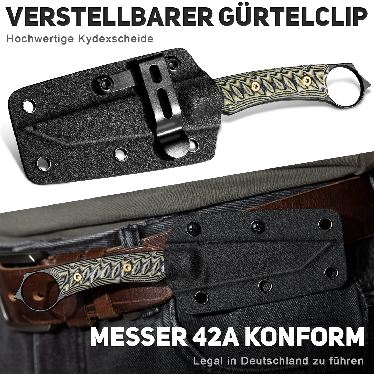 NedFoss PIONEER Hunting Knife, 8.5cm 14C28N Steel Full Tang Legal Outdoor Knife with G10 Handle & Adjustable Clip, Small Survival Knife with Kydex Sheath, Bushcraft Knife 42a Compliant, EDC Knife