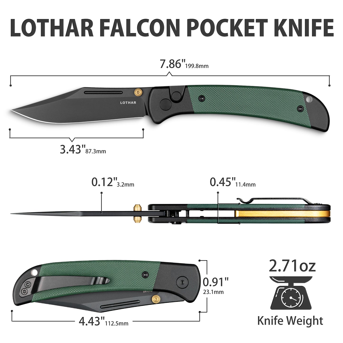 LOTHAR Falcon 3,43" Lame en acier VG10, couteau de poche pliant EDC avec fermeture à bouton et clip