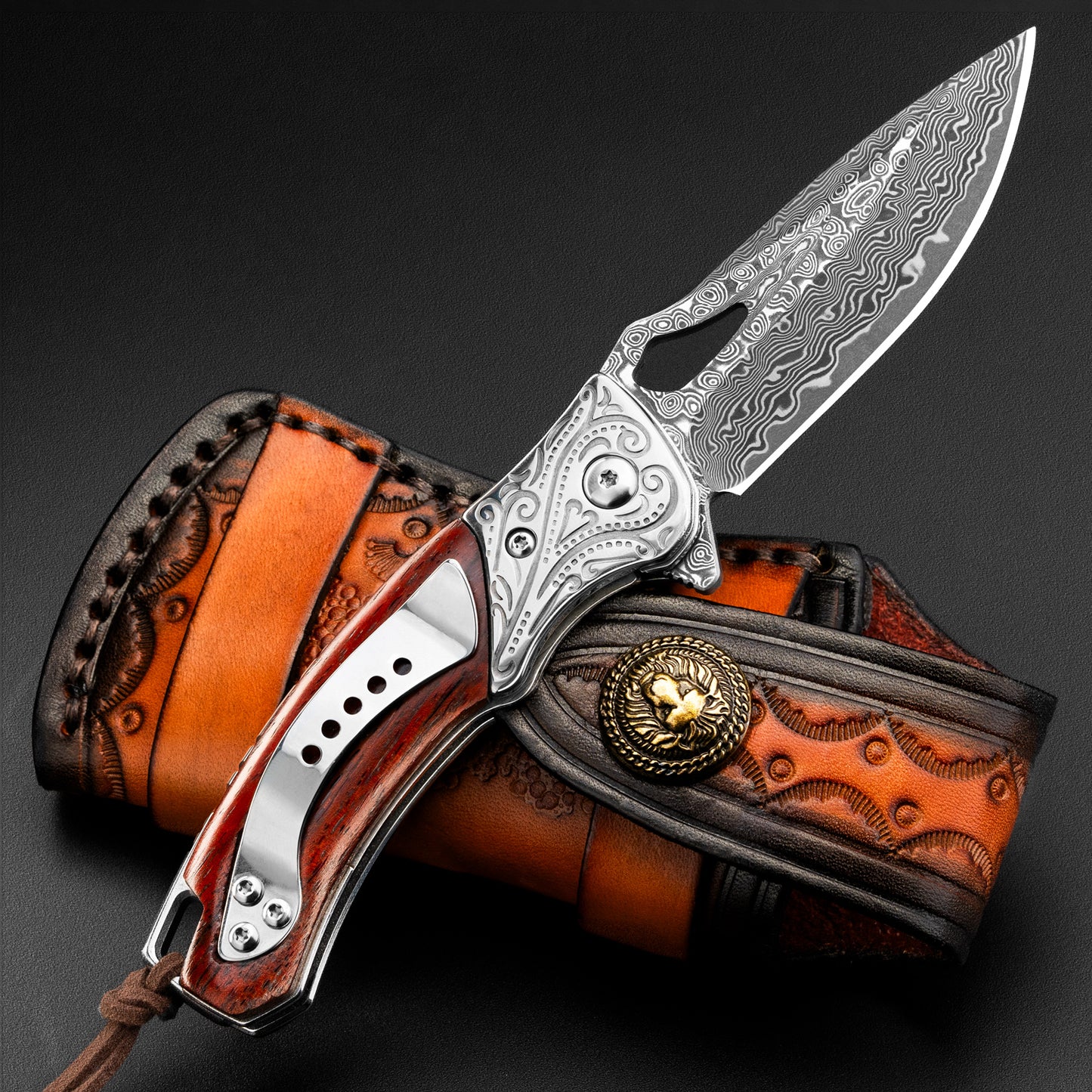 NedFoss HERON Damascus Pocket Knife, Damascus Folding Knife with Yellow Sandalwood Handle with Beautiful Pattern, Mini One-Handed Knife with Sheath, Sharp Outdoor Knives for Hunting, Camping and Collecting