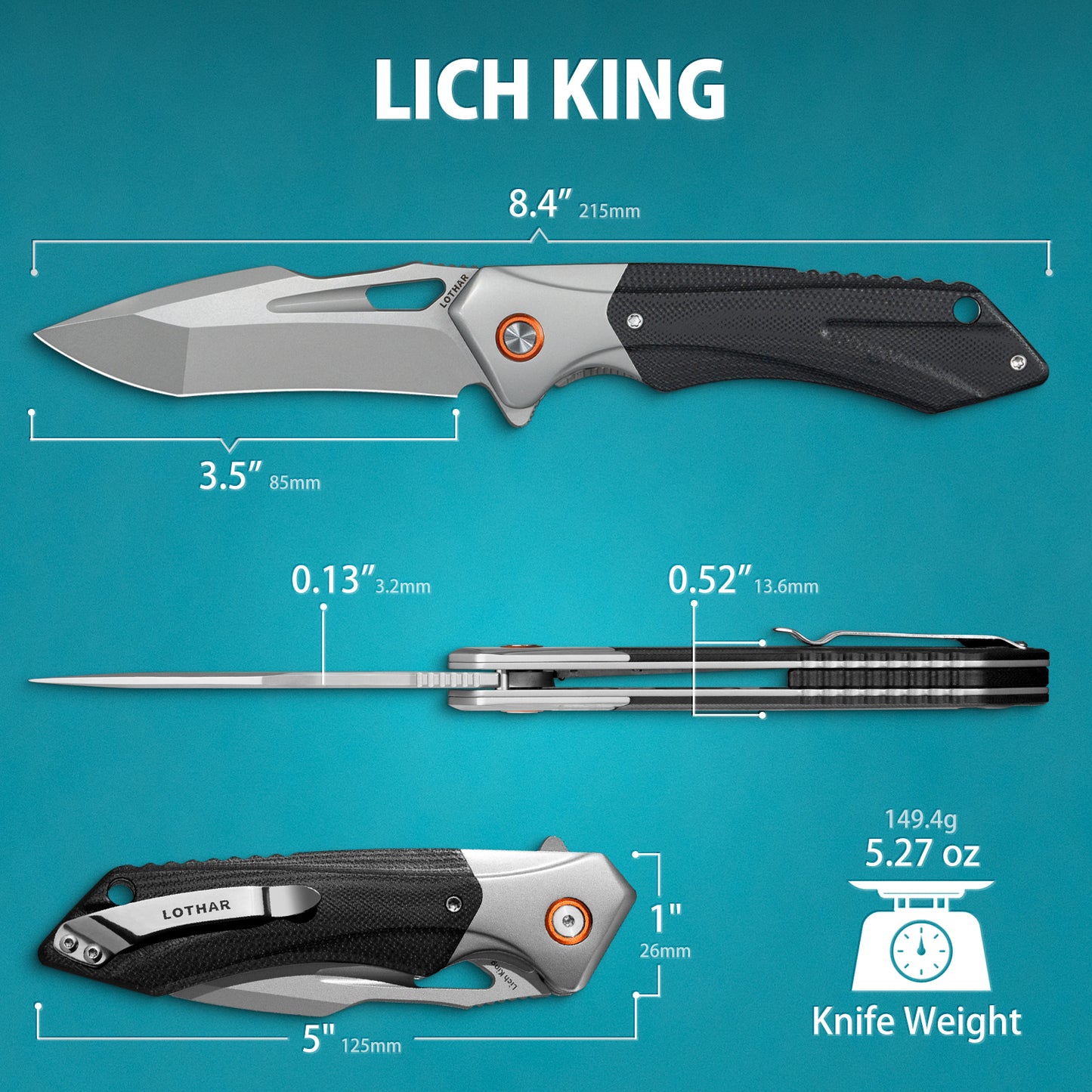 LOTHAR LICH KING Folding Knife, Pocket Knife Made of D2 Steel, One-Handed Knife with G10 Handle, Outdoor Survival Knife for Camping, Hunting & Adventure (D2-Grey)