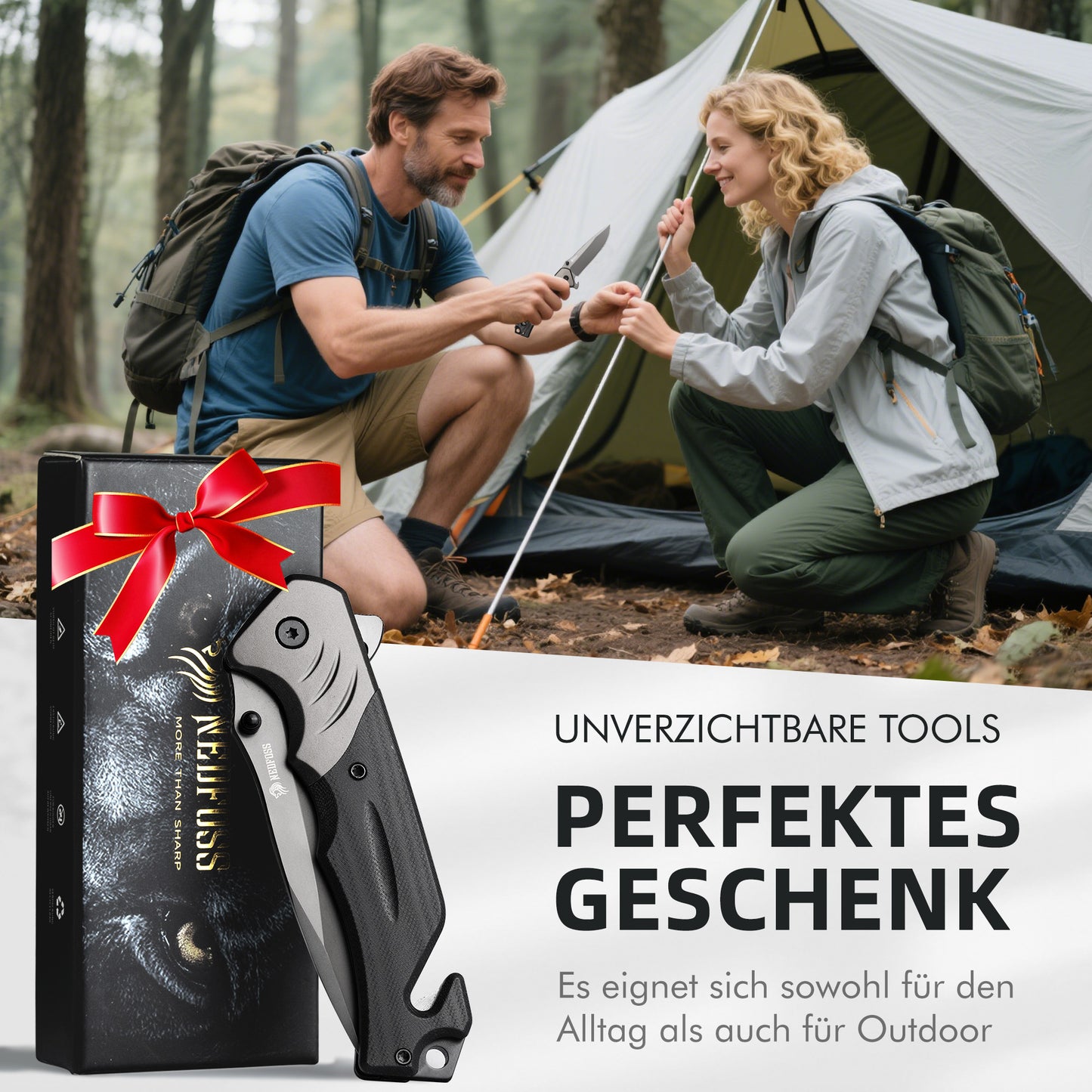 NedFoss FA49N Couteau de survie, couteau pliant de 8,7 cm avec coupe-ceinture, brise-vitre et décapsuleur, couteau à ouverture à une main avec clip de ceinture, couteau de poche pour voiture, couteau de survie en extérieur