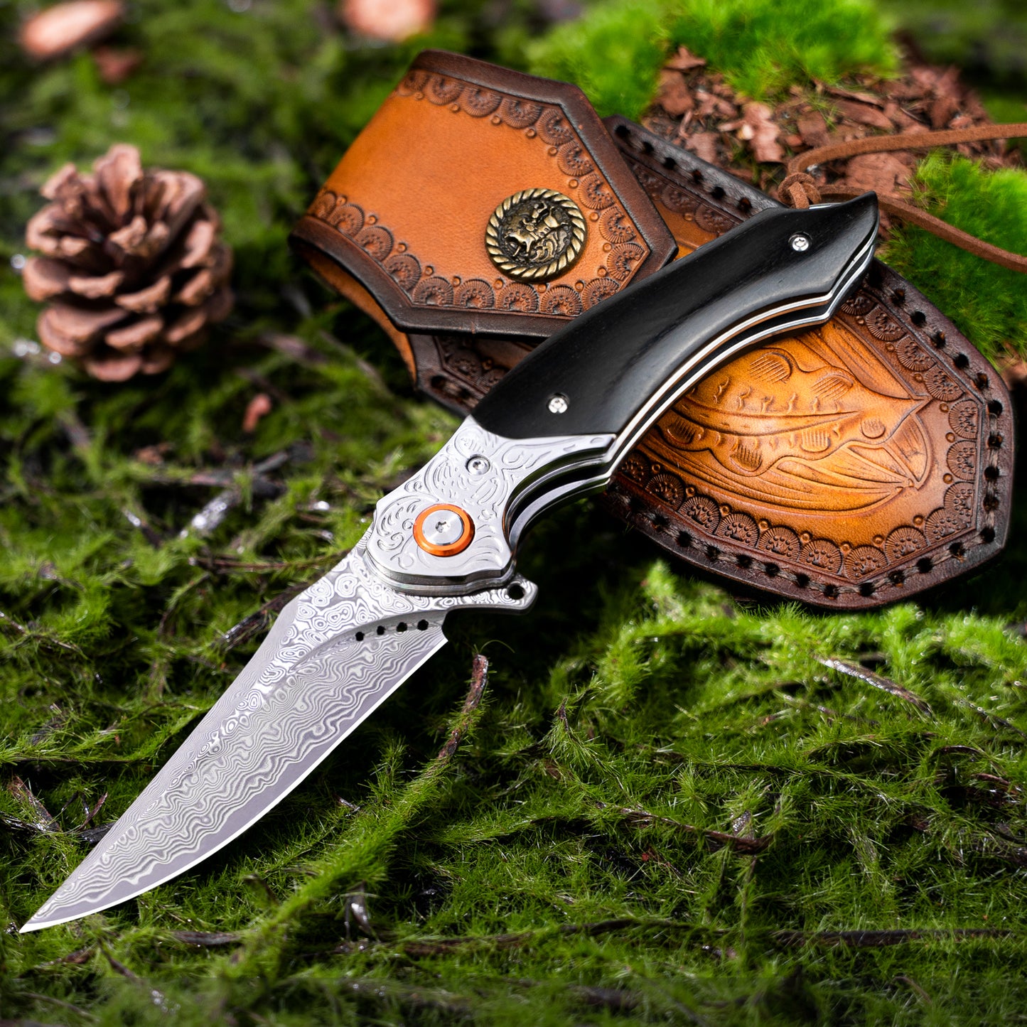 LOTHAR TUNA Damascus Folding Knife, Damascus Pocket Knife Made of 67 Layers of VG10 Damascus Steel, One-Handed Knife with Sharp Blade and Rosewood Handle, Belt Clip, for Collection or Gift