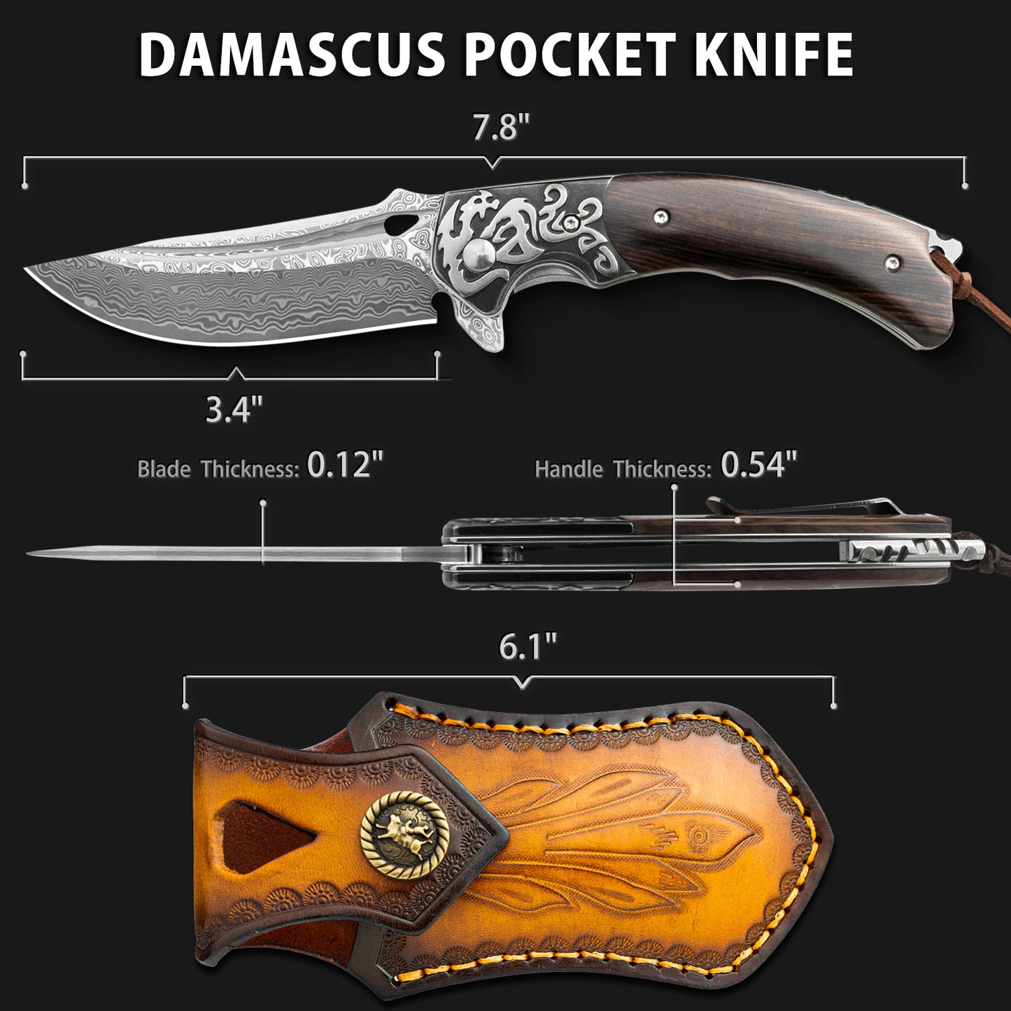 Couteau pliant en acier Damas LOTHAR RHAEGAL, couteau de poche extérieur de haute qualité en acier Damas VG10 à 67 couches, couteau de poche Damas haut de gamme avec manche en bois pour la chasse, idéal comme collection et cadeau (Bois de rose)