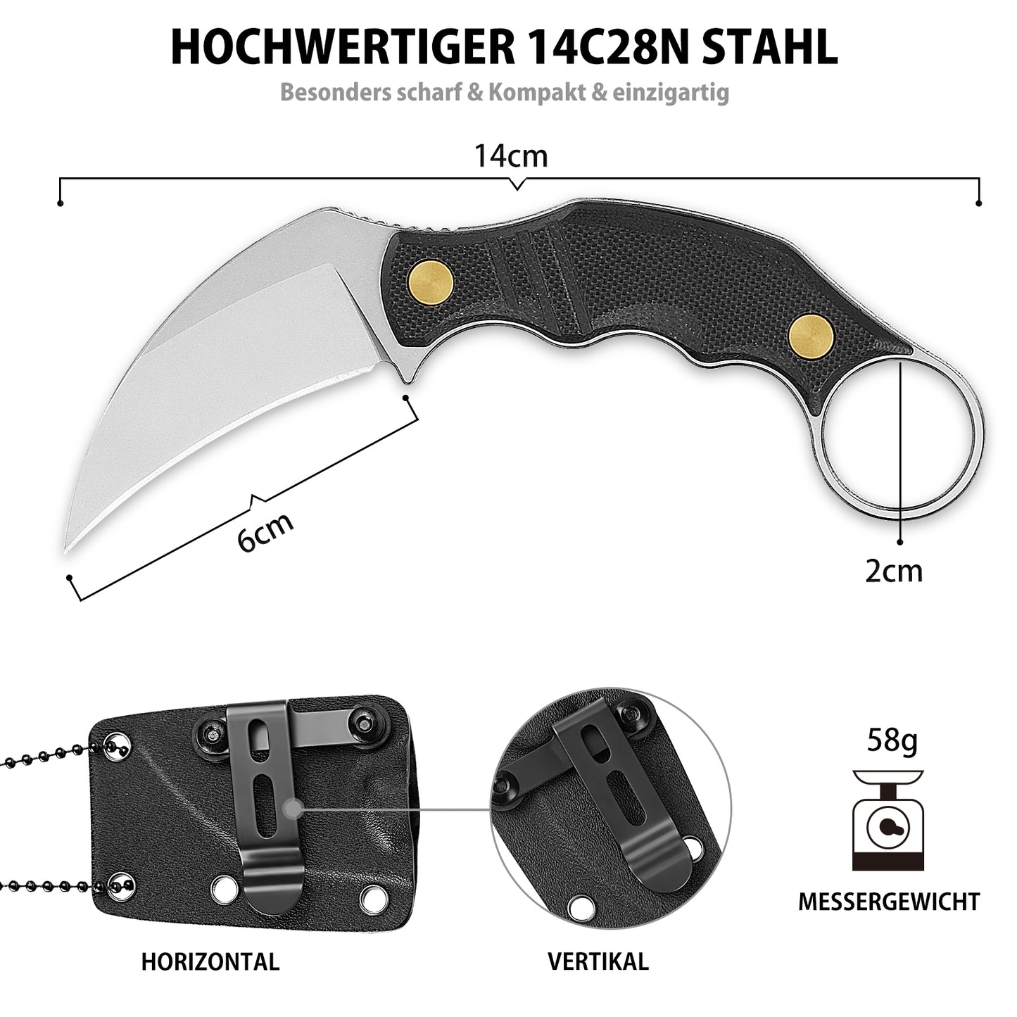 NedFoss Couteau d'extérieur VULTURE, couteau de survie FULL TANG en acier 14C28N de 6 cm avec manche G10 et étui Kydex, mini couteau à lame fixe dans une boîte cadeau pour collection, camping