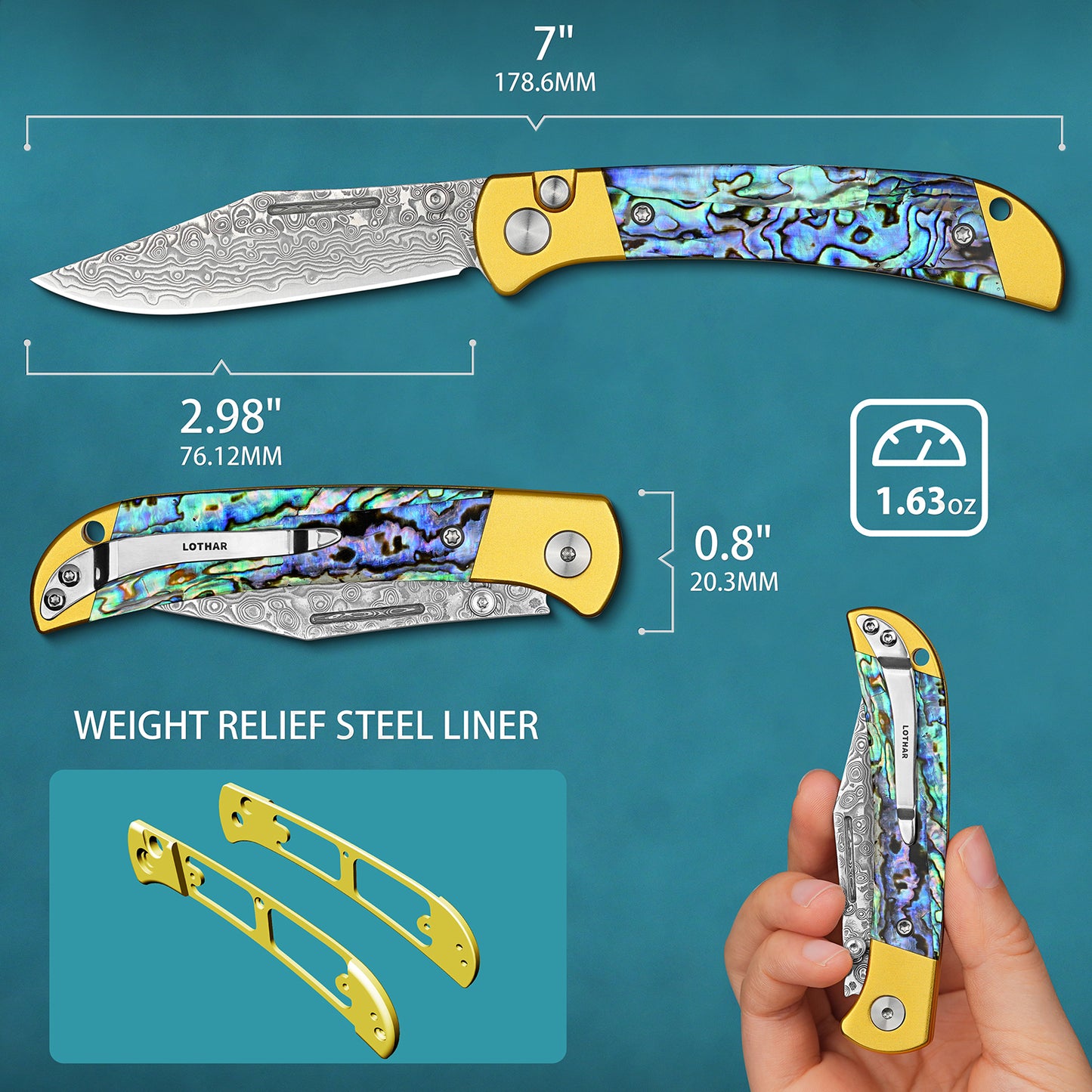 Damascus Handmade Folding Knife with Button Lock, Forged Damascus Steel, Abalone Shell Handle, and VG10 Steel