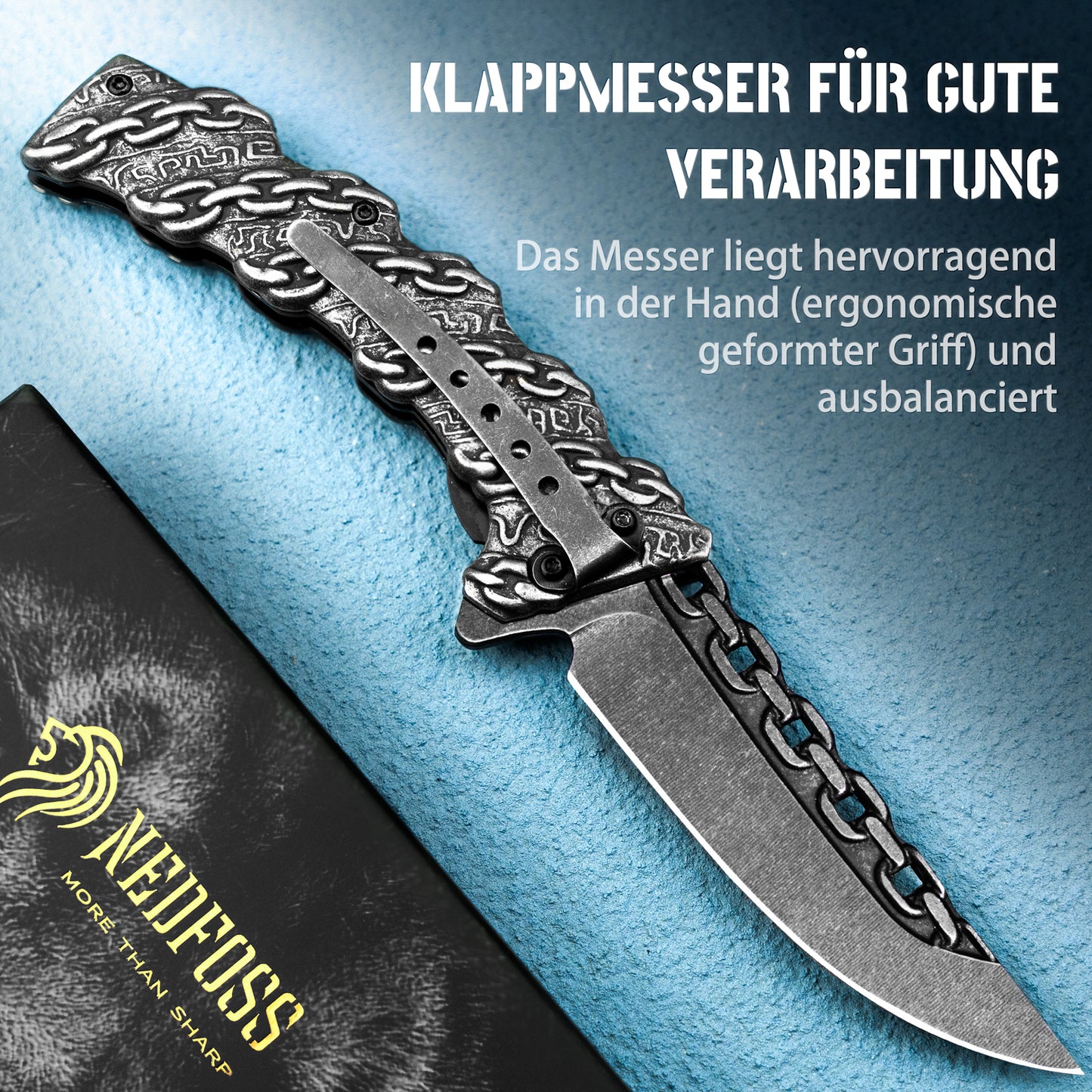 NedFoss CHAIN Folding Knife, Sharp Pocket Knife, Outdoor Knife with Unique Appearance, Outdoor Knife, Camping Knife with Liner Lock