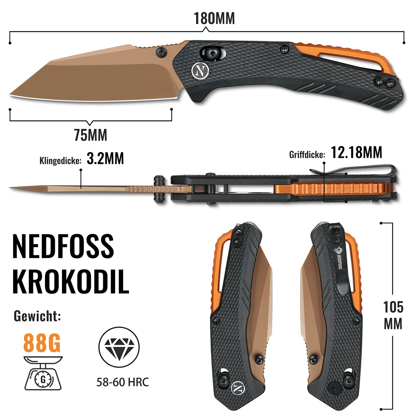 NedFoss KROKODIL Couteau pliant, couteau de poche en acier 14C28N de 7,5 cm avec Axis Lock, couteau à ouverture à une main avec manche G10, couteau d'extérieur avec clip de ceinture, couteau de survie pour le quotidien, collection et cadeau