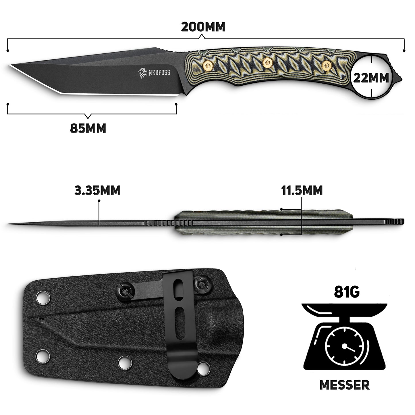 NedFoss PIONEER Hunting Knife, 8.5cm 14C28N Steel Full Tang Legal Outdoor Knife with G10 Handle & Adjustable Clip, Small Survival Knife with Kydex Sheath, Bushcraft Knife 42a Compliant, EDC Knife