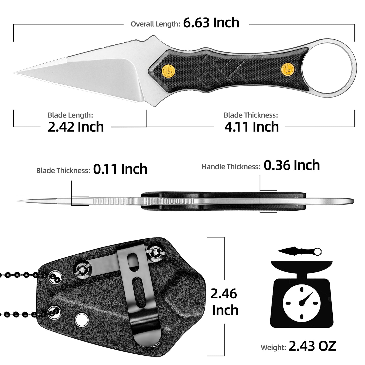LOTHAR PORCUPINE 14C28N Couteau tour de cou en acier, 42A Petit couteau à lame fixe Fulltang avec manche G10, Couteau d'extérieur avec étui Kydex et clip de ceinture (Lame noire)
