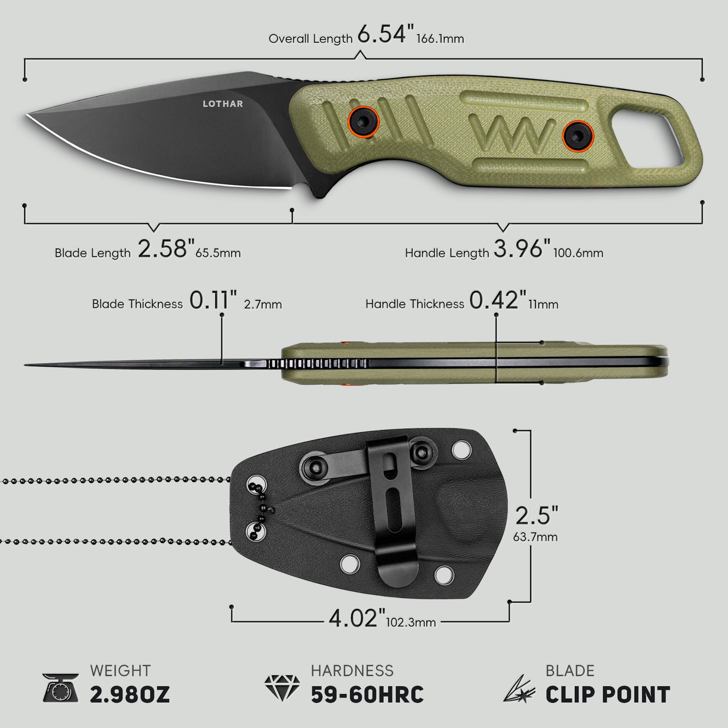 LOTHAR TURTLE Couteau de camping 2,75" avec lame fixe en acier 14C28N, petit couteau de cou avec manche G10 vert et étui