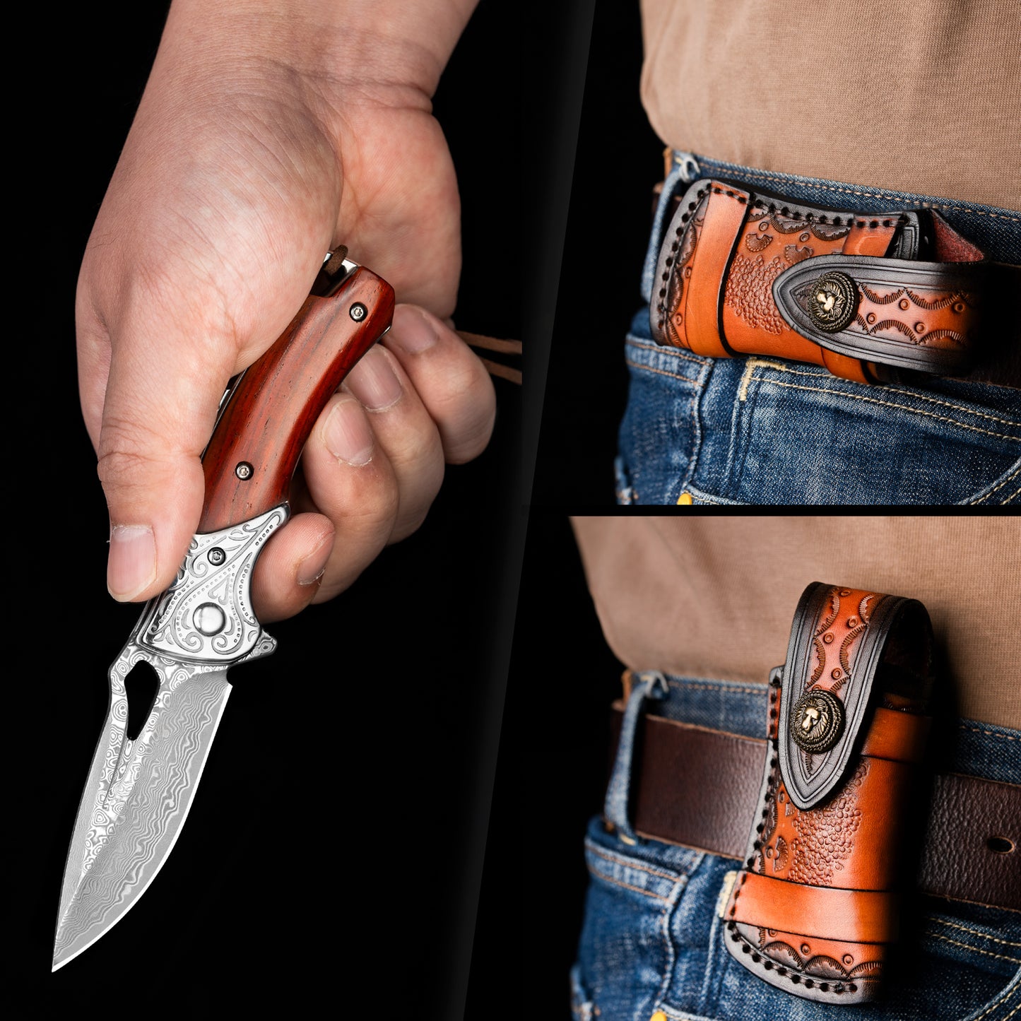 NedFoss HERON Damascus Pocket Knife, Damascus Folding Knife with Yellow Sandalwood Handle with Beautiful Pattern, Mini One-Handed Knife with Sheath, Sharp Outdoor Knives for Hunting, Camping and Collecting