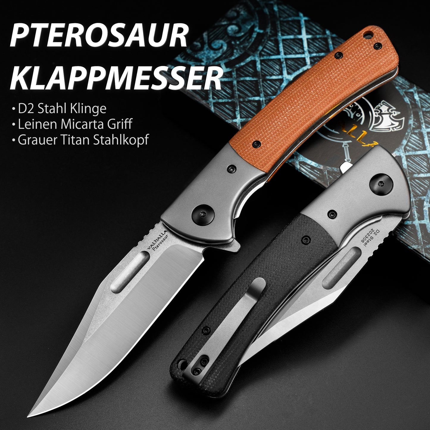 LOTHAR PTEROSAUR Couteau pliant, couteau à ouverture à une main en acier D2 avec manche Micarta, couteau de poche avec clip de ceinture, couteau d'extérieur, convient pour la collection