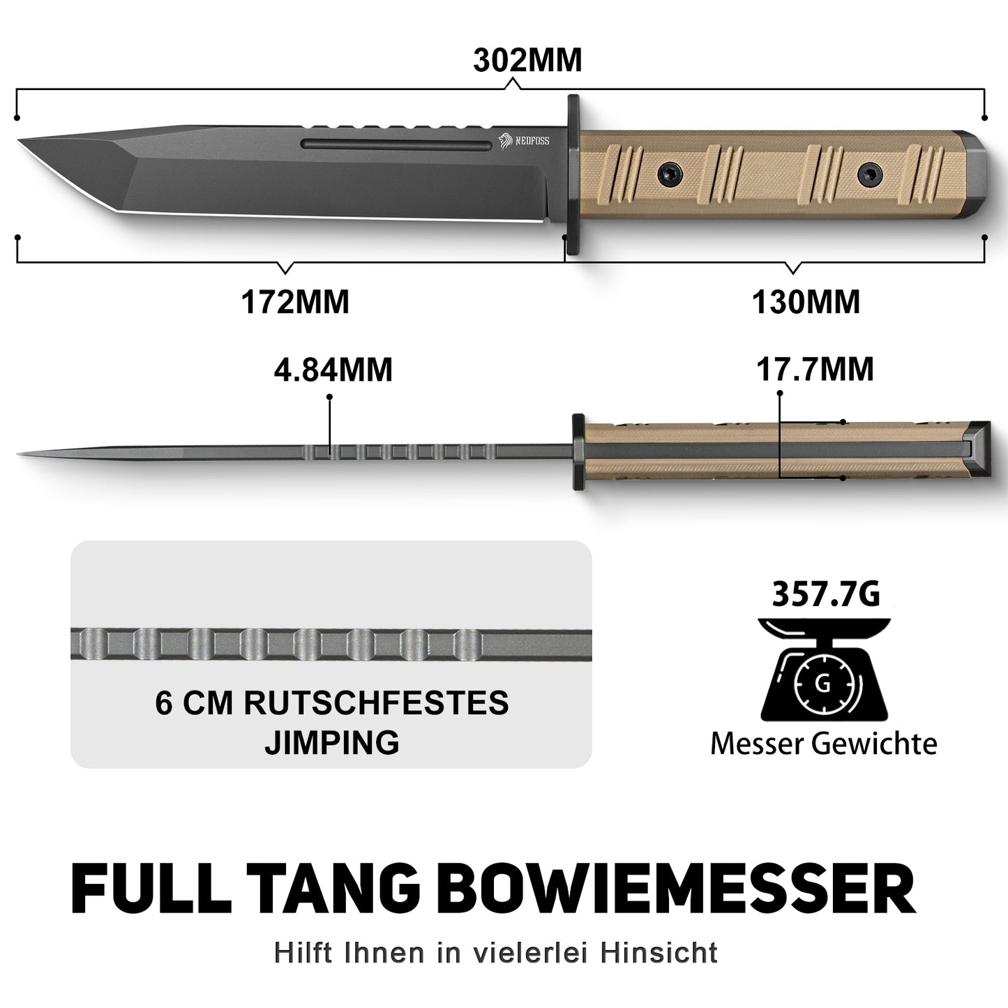 NedFoss BRAVE Bowie Knife, 17.2CM D2 Steel FULL TANG Outdoor Knife with G10 Handle & Kydex Sheath, Survival Knife with Titanium, Large Hunting Knife, Bushcraft Knife for Camping, Gift, Collection