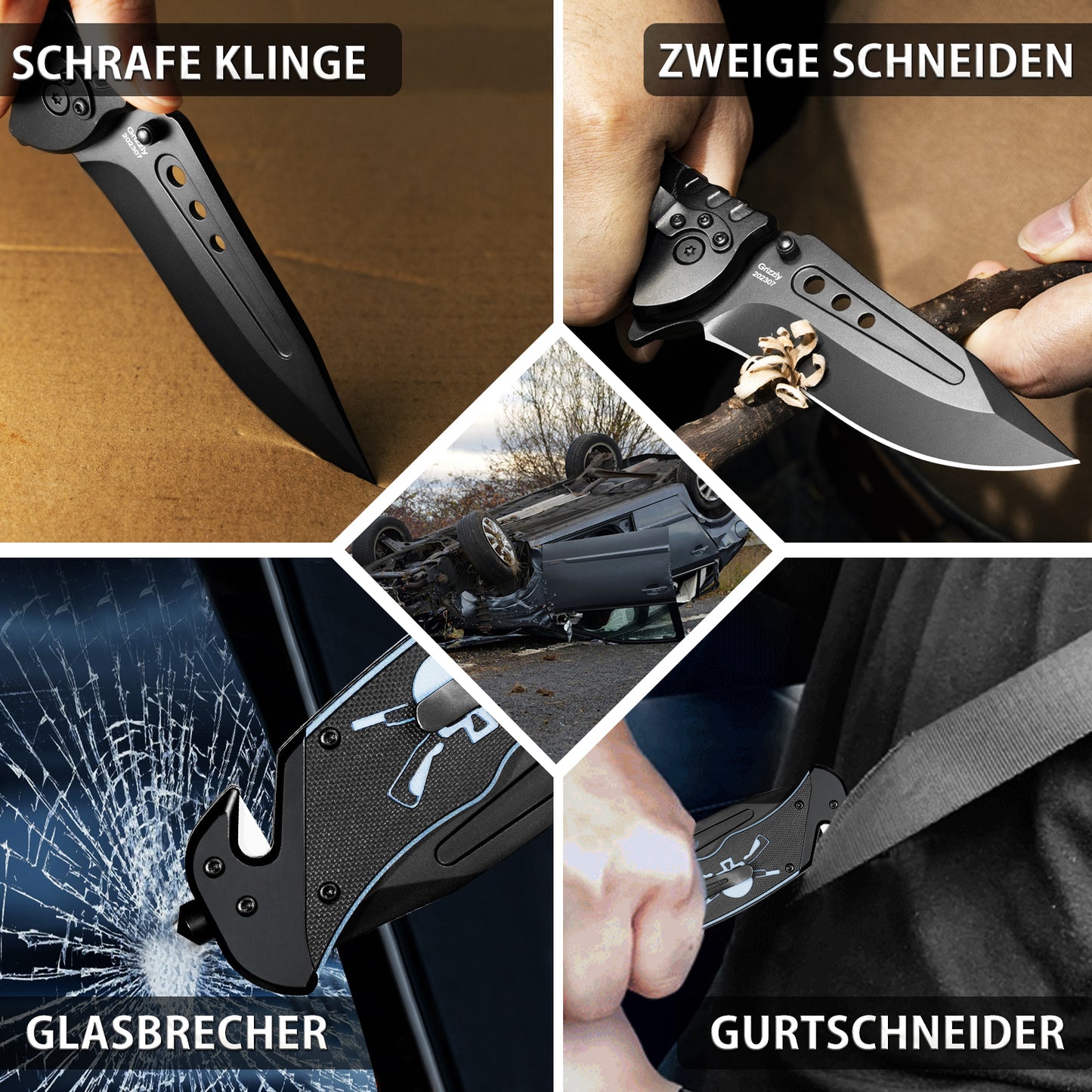 NedFoss GRIZZLY Couteau de poche 3 EN 1, couteau de sauvetage avec coupe-ceinture et brise-vitre, couteau pliant avec clip ceinture, couteau de survie extérieur pour voiture, couteau à une main, couteau de survie, couteau de sauvetage