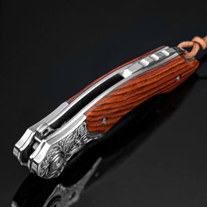 LOTHAR TUNA Damascus Folding Knife, Damascus Pocket Knife Made of 67 Layers of VG10 Damascus Steel, One-Handed Knife with Sharp Blade and Rosewood Handle, Belt Clip, for Collection or Gift
