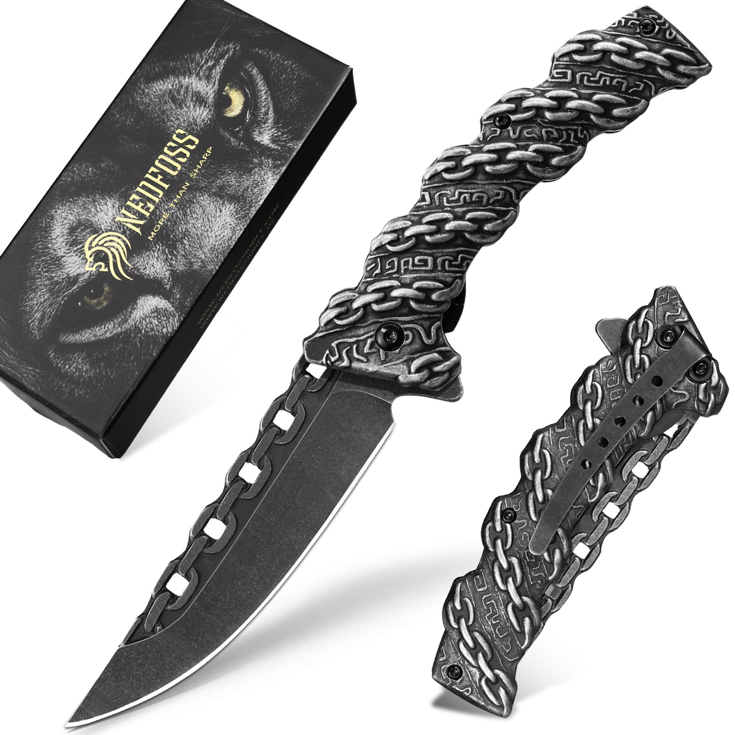 NedFoss CHAIN Folding Knife, Sharp Pocket Knife, Outdoor Knife with Unique Appearance, Outdoor Knife, Camping Knife with Liner Lock