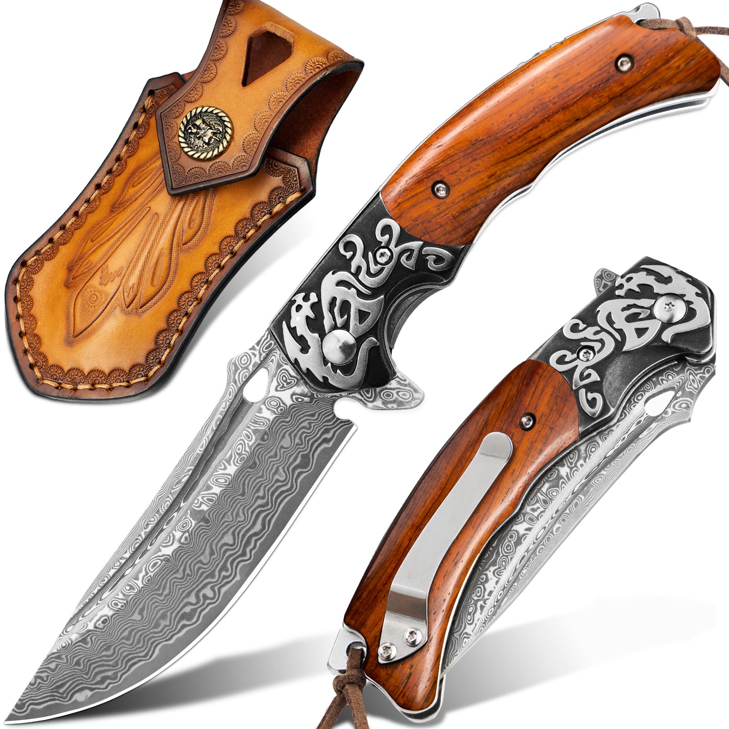 Couteau pliant en acier Damas LOTHAR RHAEGAL, couteau de poche extérieur de haute qualité en acier Damas VG10 à 67 couches, couteau de poche Damas haut de gamme avec manche en bois pour la chasse, idéal comme collection et cadeau (Bois de rose)