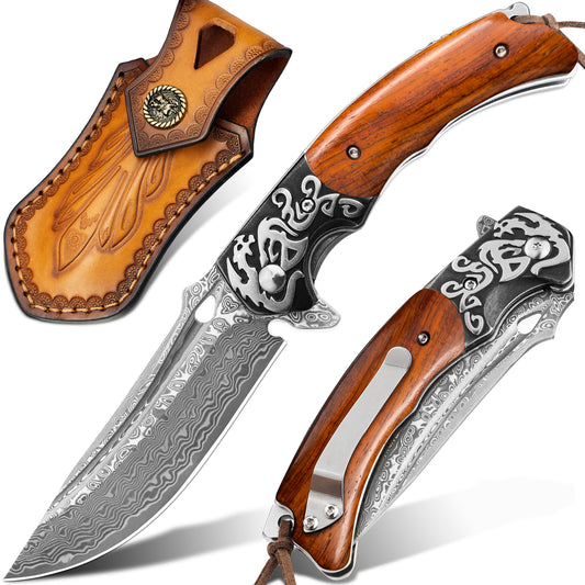LOTHAR RHAEGAL Damast Klappmesser, Hochwertig Taschenmesser Outdoor aus 67 Lagen VG10 Damaststahl, Premium Damast Taschenmesser mit Holzgriff für Jagd, Ideal als Sammlung & Geschenk (Rosenholz)