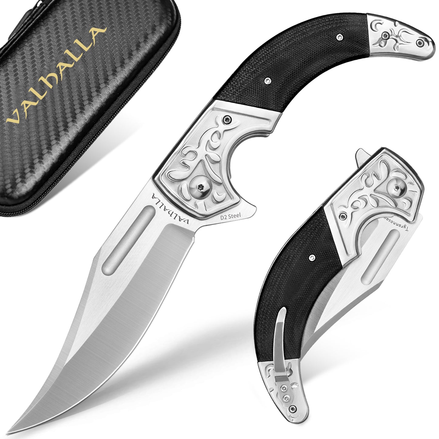 Couteau pliant LOTHAR D2, couteau à ouverture à une main avec manche G10, couteau de poche avec clip de ceinture, grand couteau d'extérieur, idéal pour collection (TYRANNOSAURUS REX)