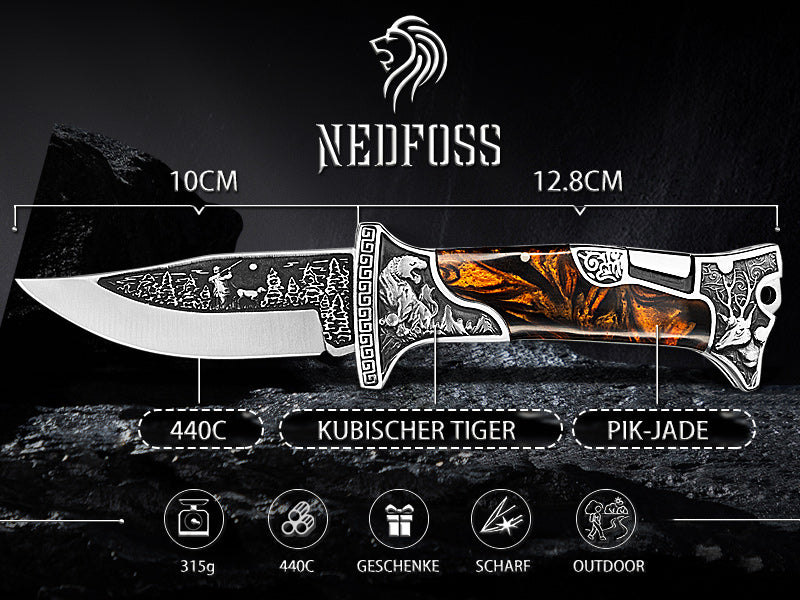 Nedfoss TIGER ROAR Two-Hand Folding Knife, TIGER ROAR Pocket Knife with Belt Clip, EDC Knife with Back Lock, Outdoor & Hunting Folding Knife in Beautiful Design, Sharp